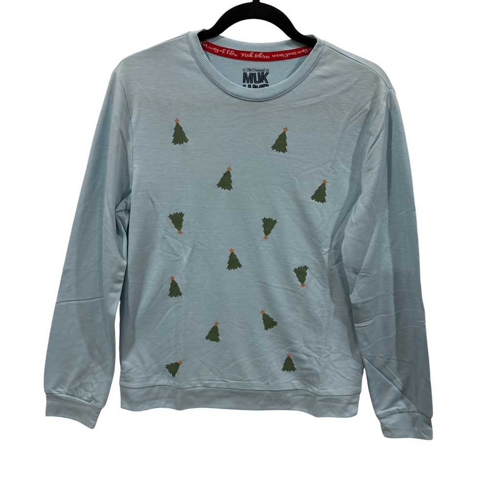 Muk Luks Womens Christmas Tree Print Sweatshirt Light Blue Holiday XS NEW